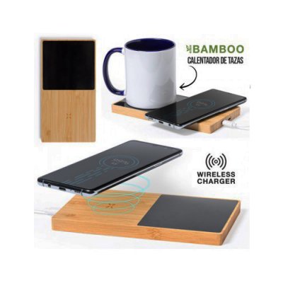 Cargador Inalambrico para Celular y Calentador de Tazas de Madera